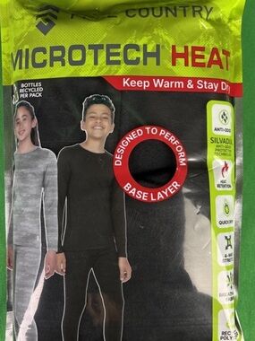 Free Country Microtech Heat Kids Base Layer Set- Black. Unisex Shirt & Pants.